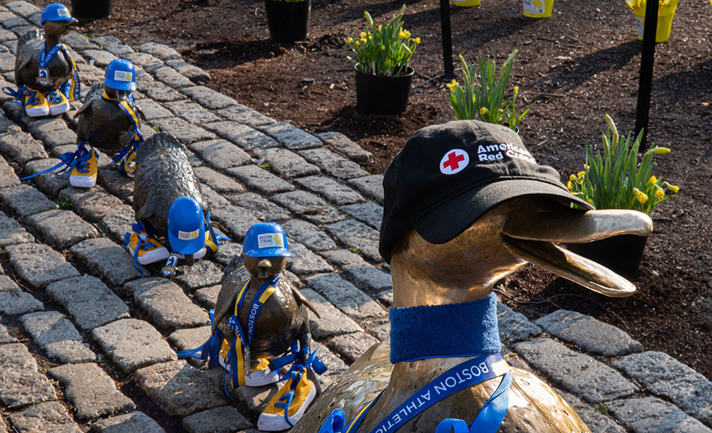 Duck statues wearing Red Cross and Boston Strong hats.