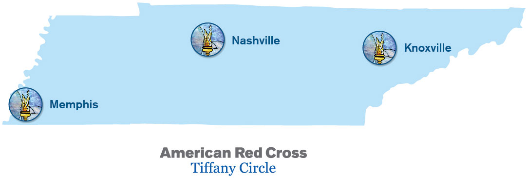 Map of Tennessee with Memphis, Nashville and Knoxville markd with Tiffany Circle logo