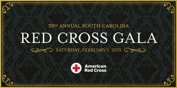 Red Cross Gala banner with event date and gold and black background