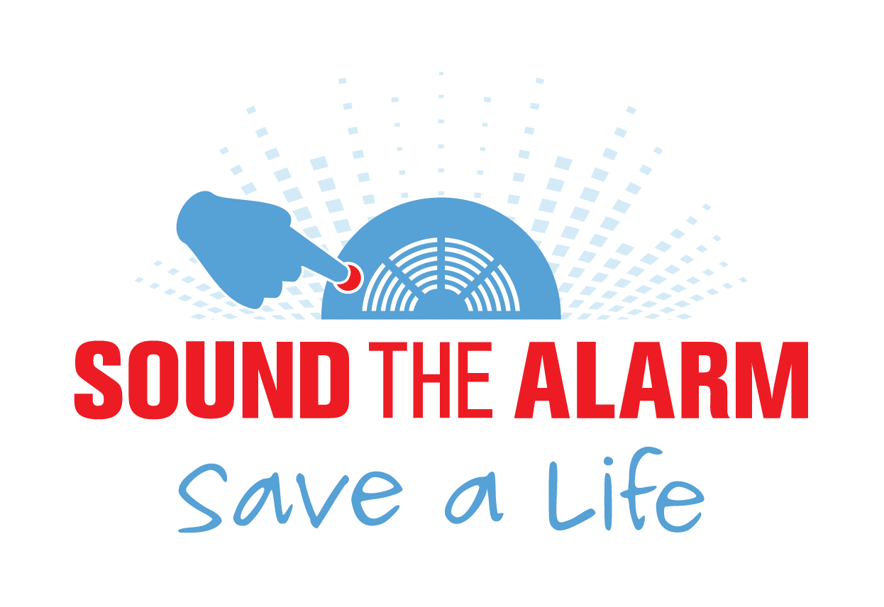 sound the alarm save a life in red text with blue smoke alarm icon