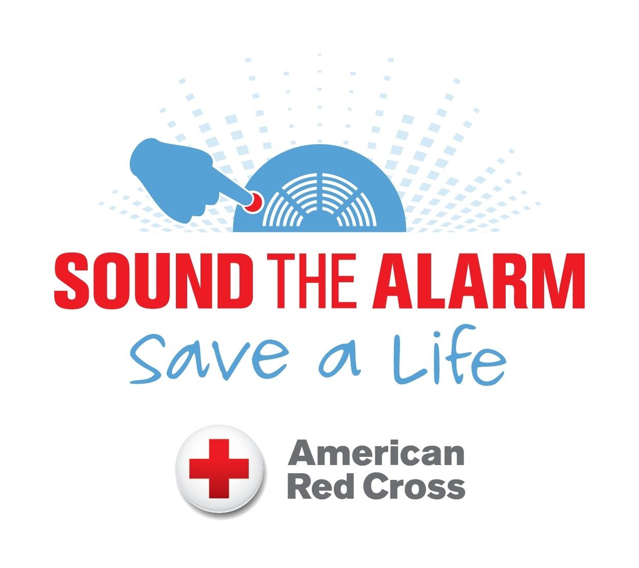 Sound the Alarm Save a Life with drawing of blue hand and smoke alarm banner