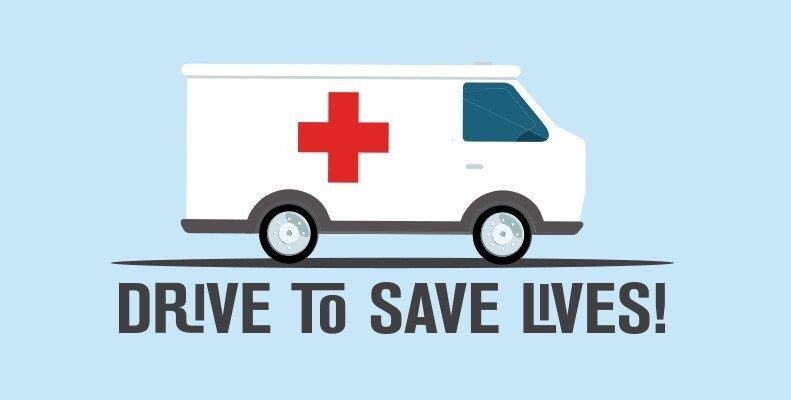 Blood transport vehicle with text saying "drive to save lives"
