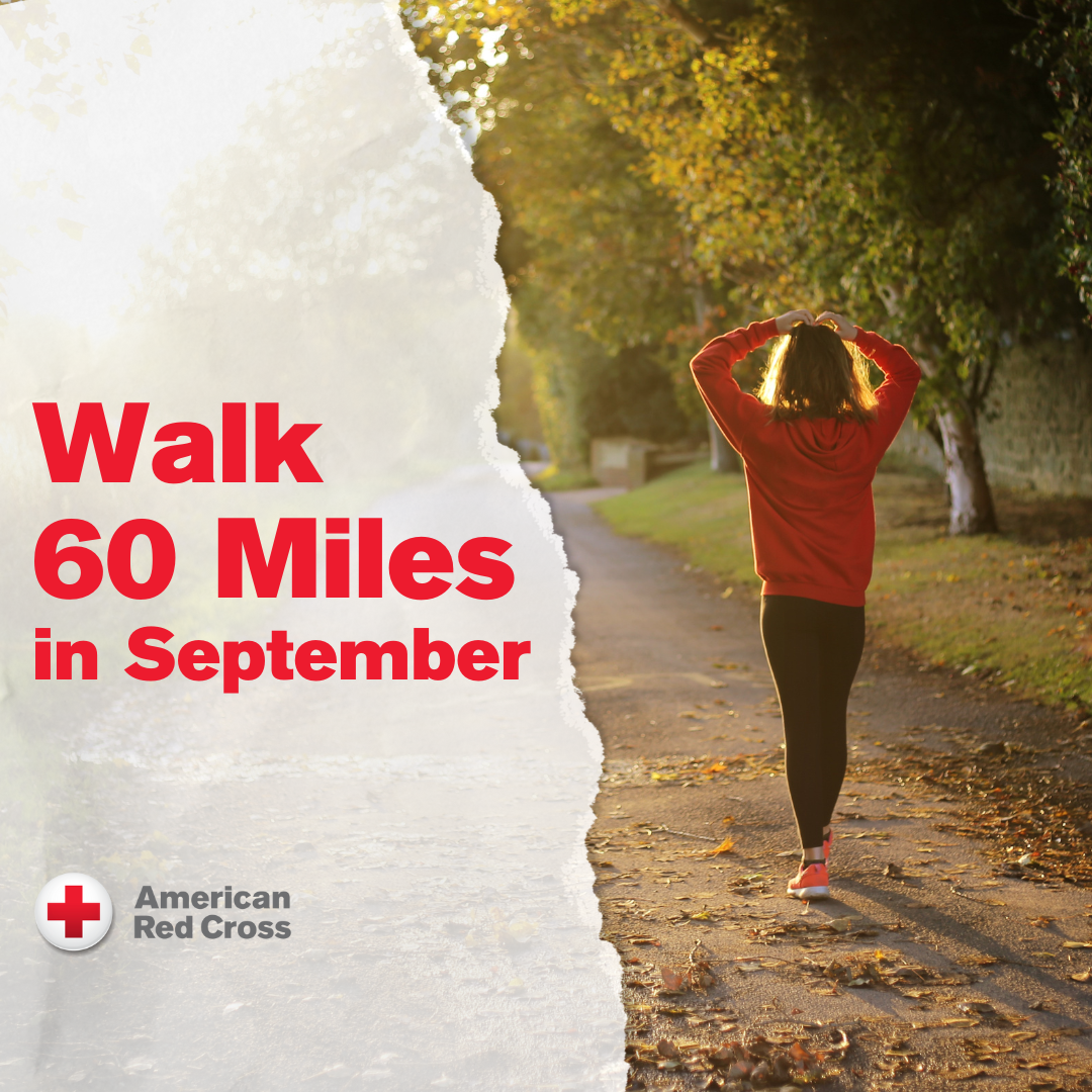Walk 60 Miles Challenge banner with athletic woman walking on a paved path with autumn leaves.