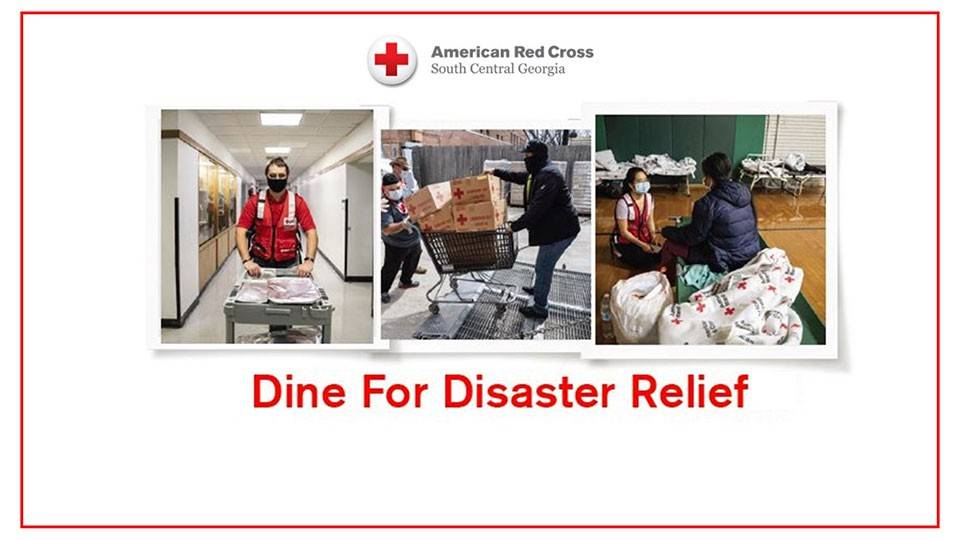 Dine for Disaster Relief header with images of Red Cross relief efforts