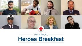 Heroes Breakfast event banner with collage of heroes