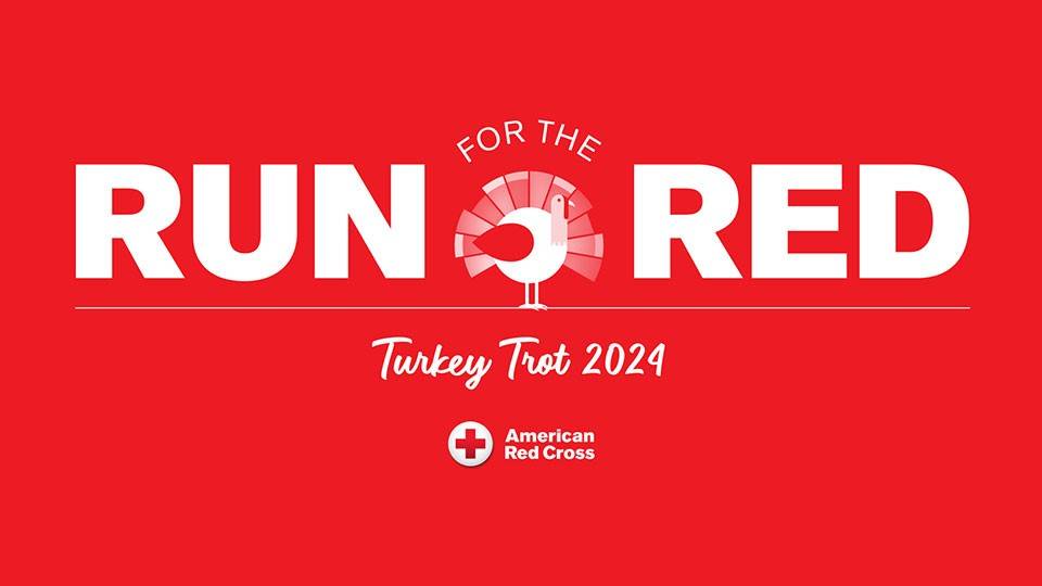 American Red Cross Run for the red Turkey Trot 2024 banner with drawing of a turkey