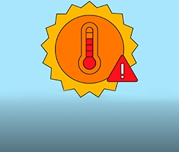 illustration of the sun with a thermometer reading a high temperature and a warning icon