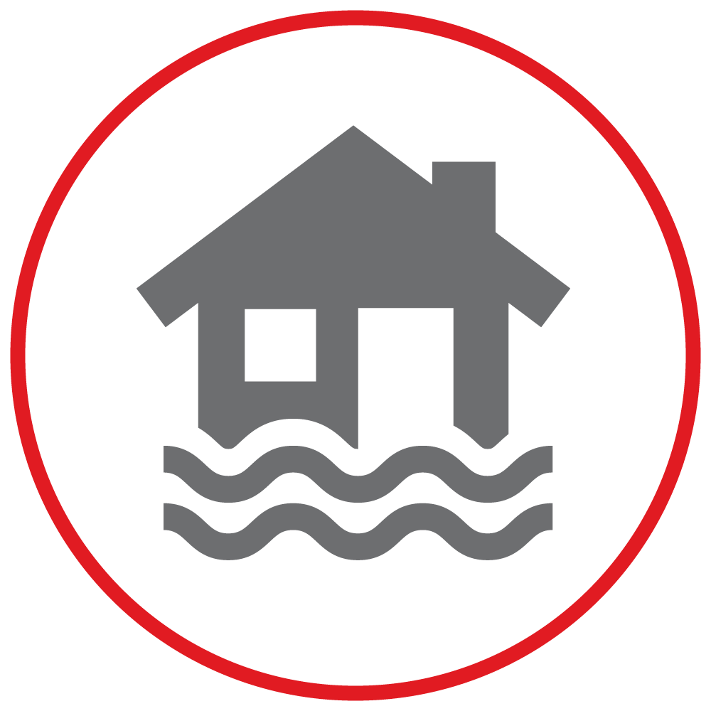 Red circle around house with water below it icon.