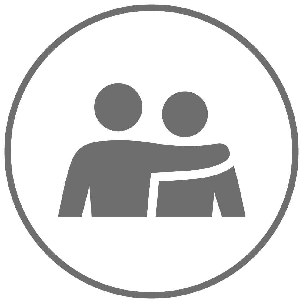Grey circle with icon of two people, one with arm around the other.