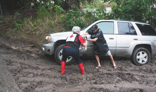 Red Cross volunteer Michele Maki helps rescue Zhu Zhu after the owner’s vehicle slid into a ditch and flash floods threatened the area.