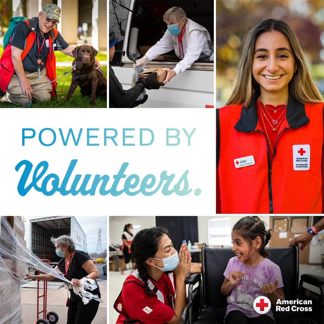 A collage of photos showing many Red Cross volunteers