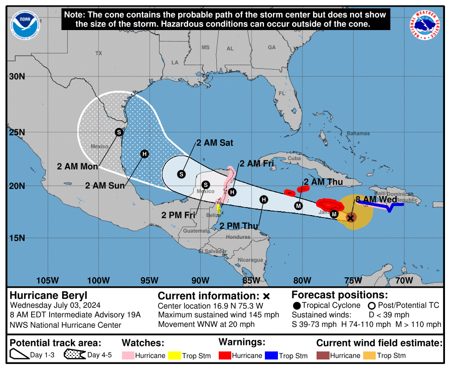 An image of a map showing the projected path of Hurricane Beryl