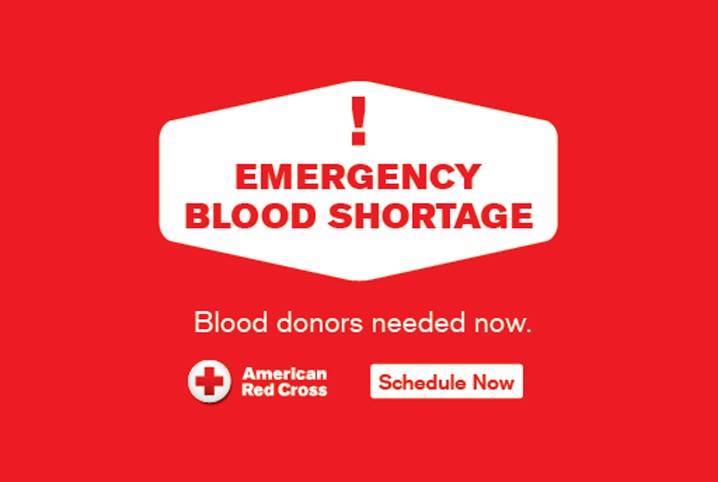 A red graphic that reads emergency blood shortage, blood donors needed now