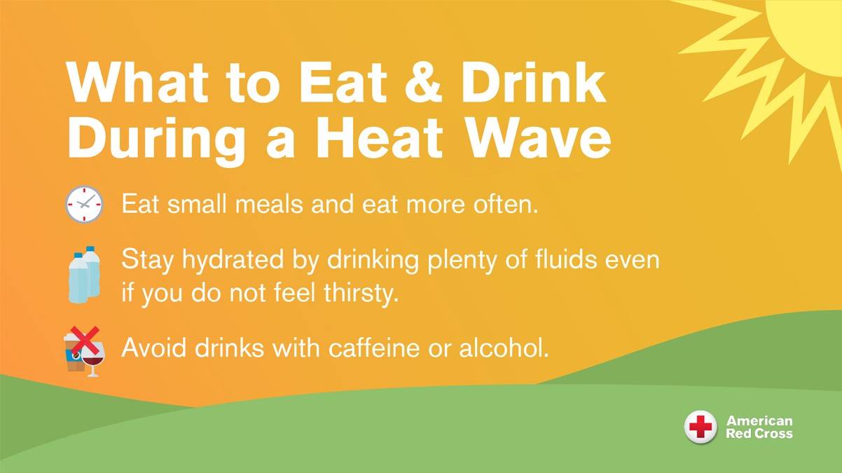 An illustrated graphic. What to eat and drink during a heatwave. Eat small meals and eat more often. Stay hydrated by drinking plenty of fluids even if you do not feel thirsty. Avoid drinks with caffeine or alcohol.
