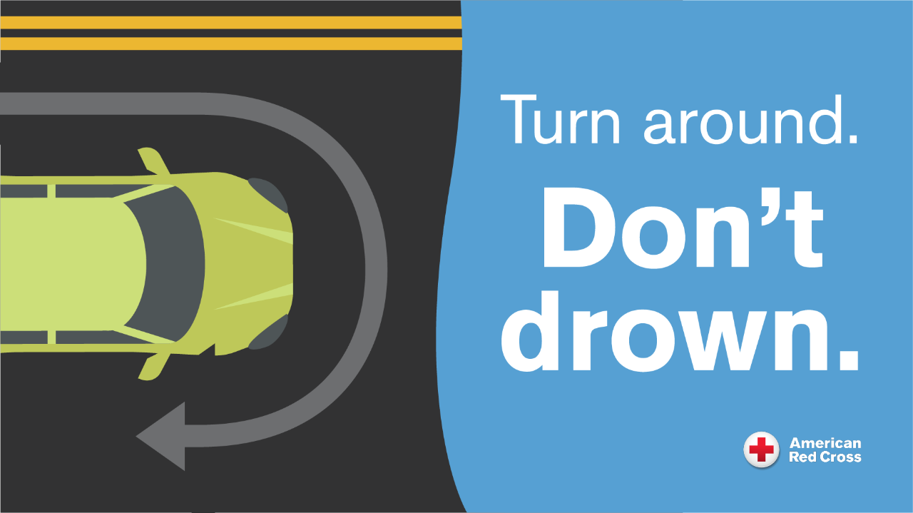 An illustrated graphic that reads, turn around don't drown.