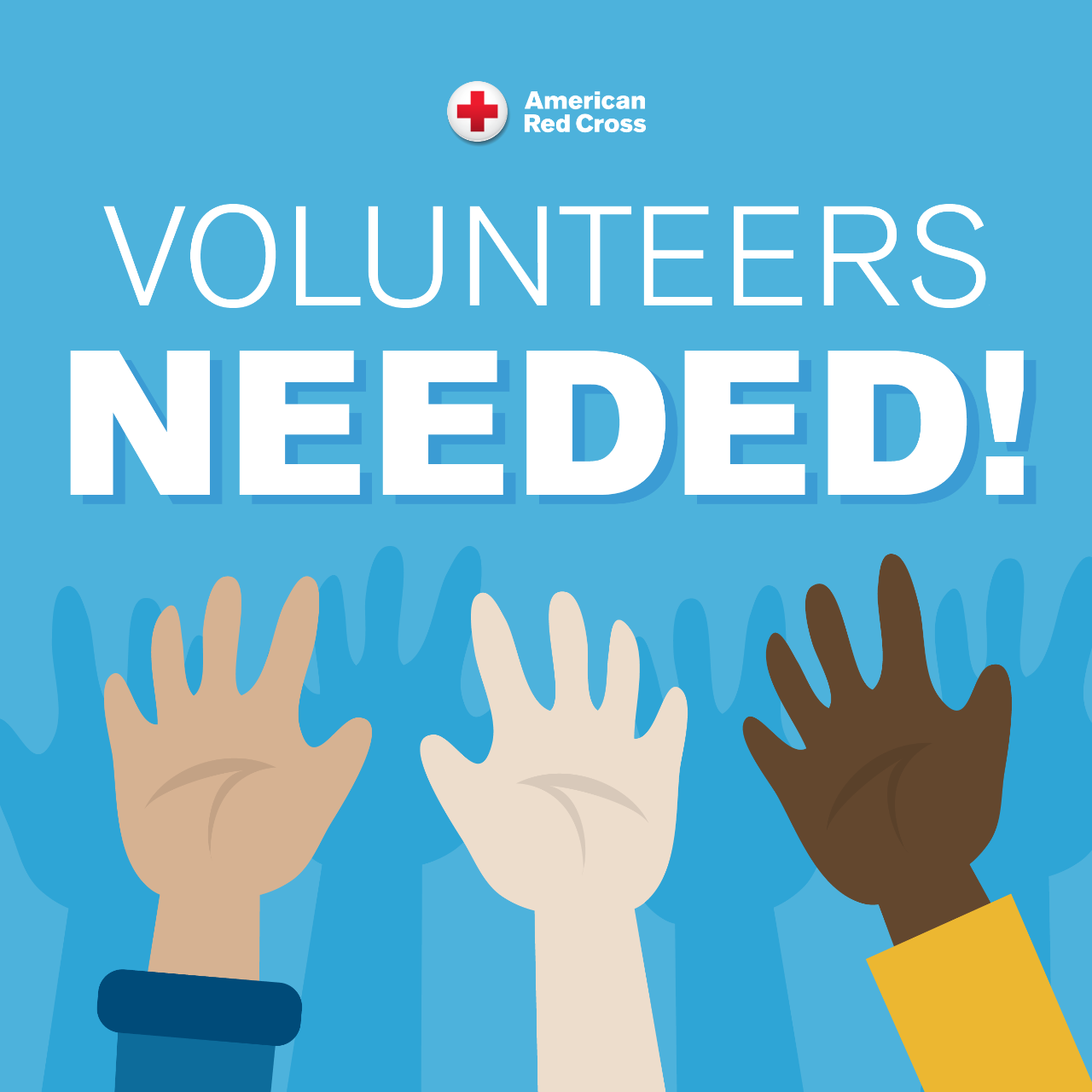 An illustrated graphic of raised hands that says, volunteers needed!