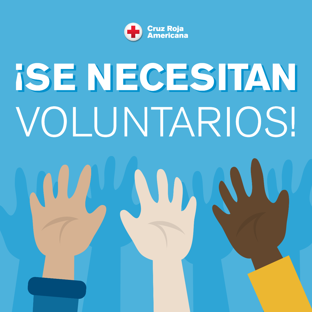 Un gráfico ilustrado de manos levantadas que dice: ¡Se necesitan voluntarios!