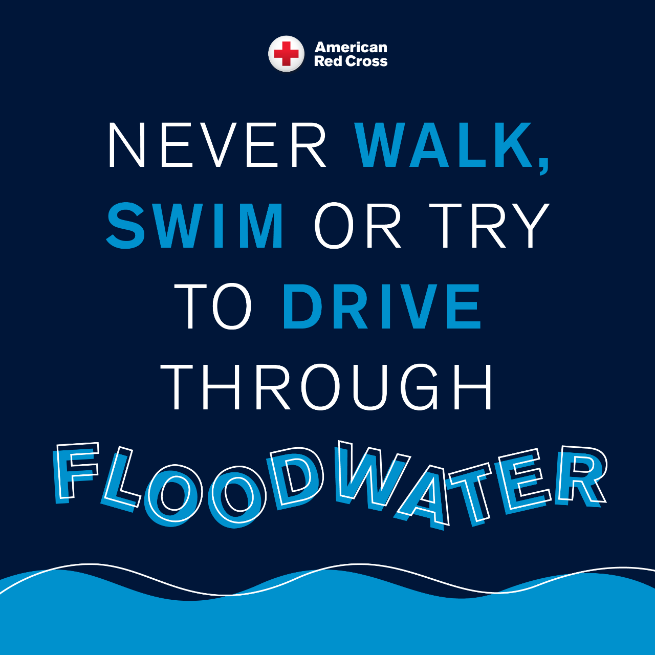 An illustrated graphic that reads, never walk, swim or try to drive through floodwaters