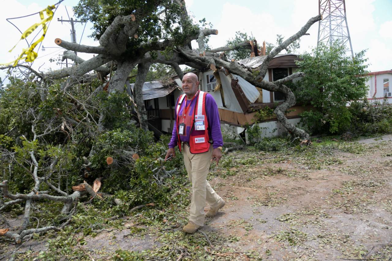 July 16, 2019. Morgan City, Louisiana 
Red Cross disaster worker Hugo Adams surveying damage in a Morgan City neighborhood affected by Hurricane Barry.
Photo by Daniel Cima/American Red Cross