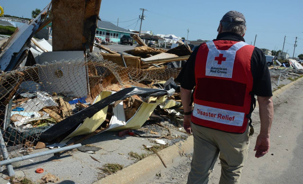 Emerald Isle, North Carolina, September 7, 2019. American Red Cross volunteer Bob Wallace inspects the destruction inflicted on the Boardwalk RV park on Emerald Isle, North Carolina. As Hurricane Dorian advanced on the Island on September 5 waterspouts were formed, one of which did massive damage to the RV park. 

Photo Credit: Daniel Cima/American Red Cross