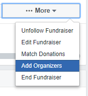 Drop down menu for adding organizers to Facebook fundraising