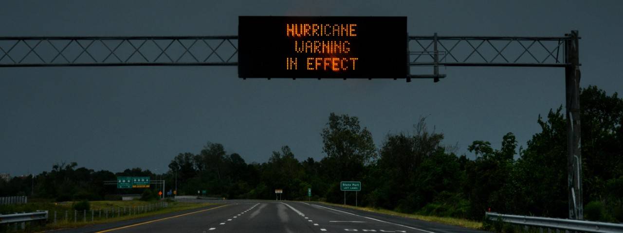 September 13, 2018 Interstate 40 Westbound, Eastern North Carolina. “Hurricane Warning in Effect” is cautioned to drivers leaving the coastal areas of North Carolina.

Photo by Daniel Cima/American Red Cross
