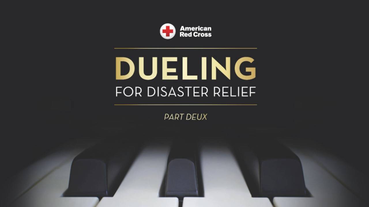 Dueling for Disaster Relief banner with drawing of piano keys and Red Cross logo