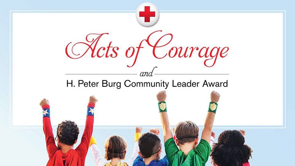 Acts of Courage banner with kids in superhero custumes raising hands above their heads.