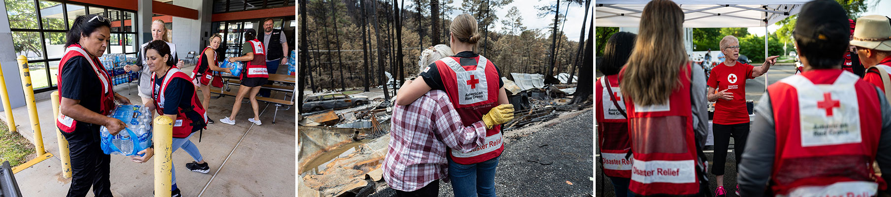Collage of three photos of Red Cross volunteers doing volunteer work.