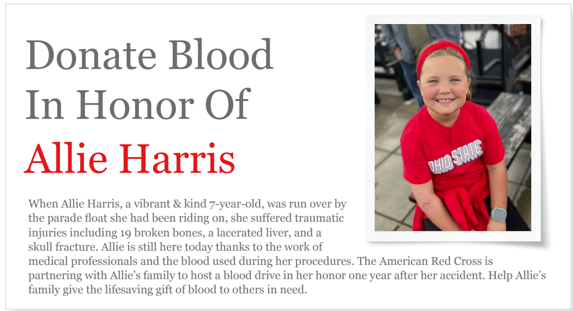 Donate blood in honor of Allie Harris banner