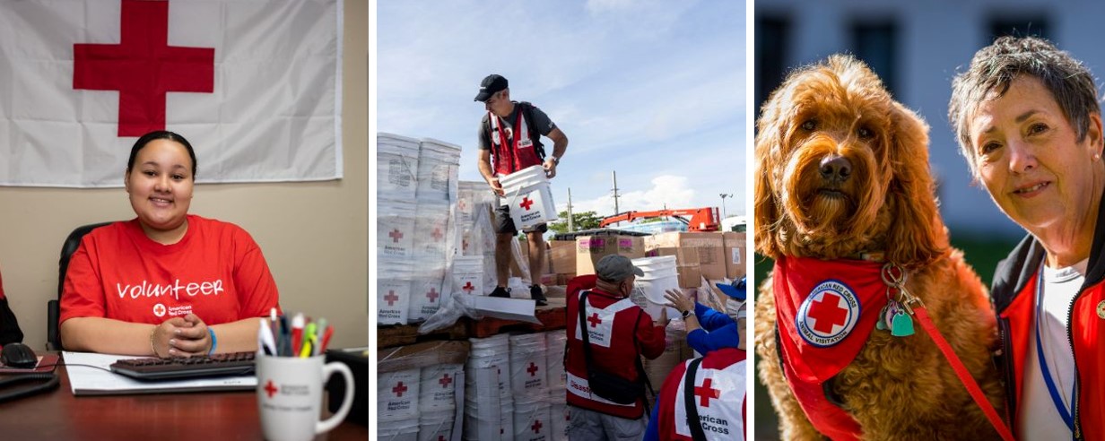 collage of three photos of red cross volunteers