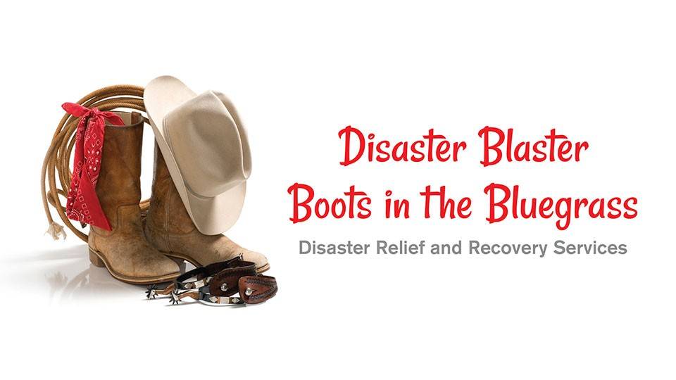 Disaster Blaster Boots in the Bluegrass banner with boots, hat, whip, scarf and spurs