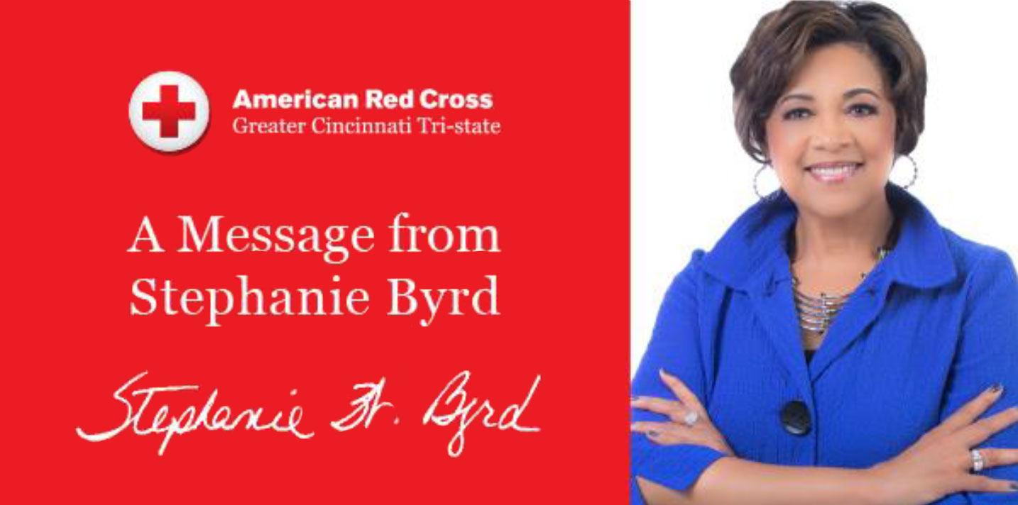 Stephanie W. Byrd headshot with Red Cross logo on the left