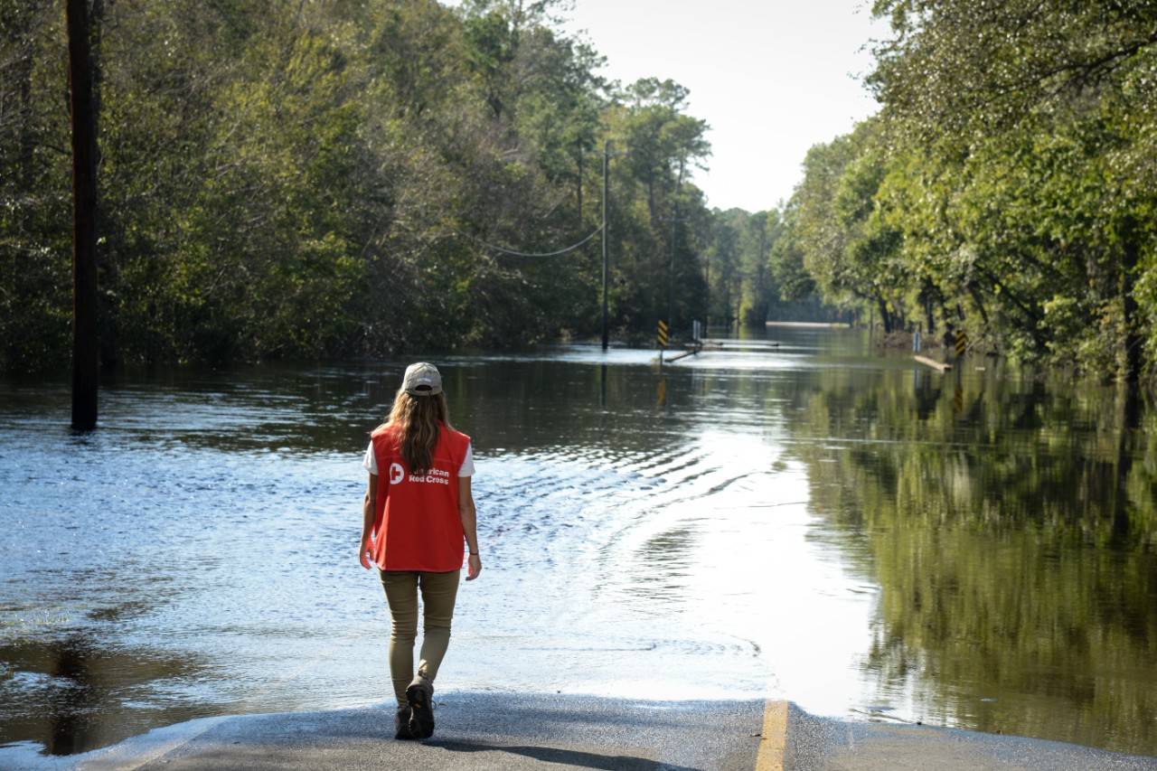 September 23, 2018. Ivanhoe, North Carolina. Transportation around the town of Ivanhoe, North Carolina is a struggle. The town is now split between North and South due to heavy flooding blocking roads and bridges through the middle of the town. Some residents need to resort to boats as transportation from North to South. Photo by Daniel Cima/American Red Cross