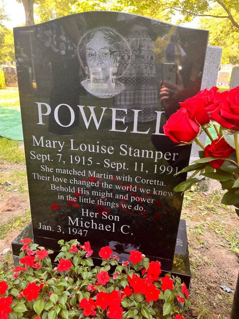 Mary Louise Powell headstone with flowers