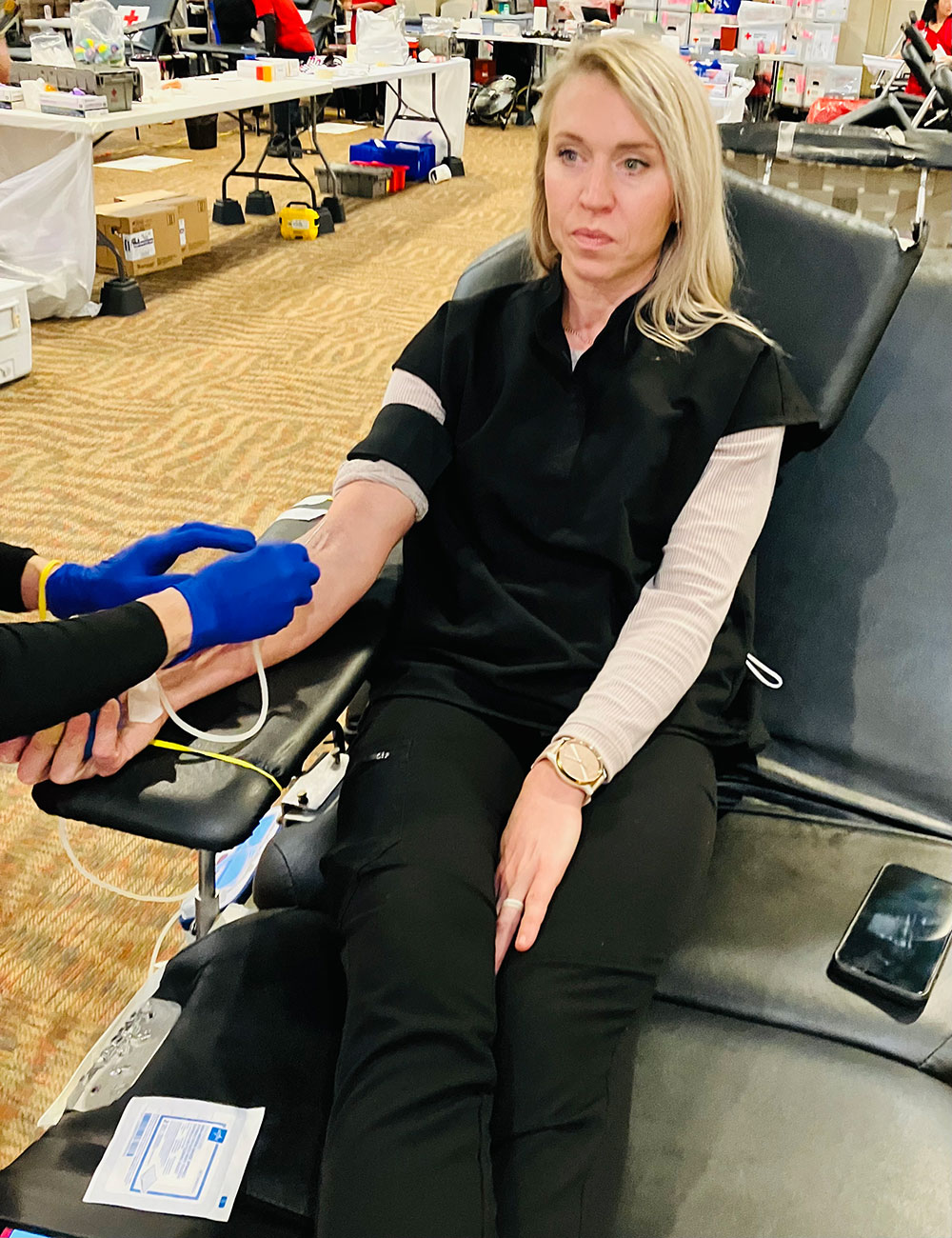 Joanne Roberts giving blood