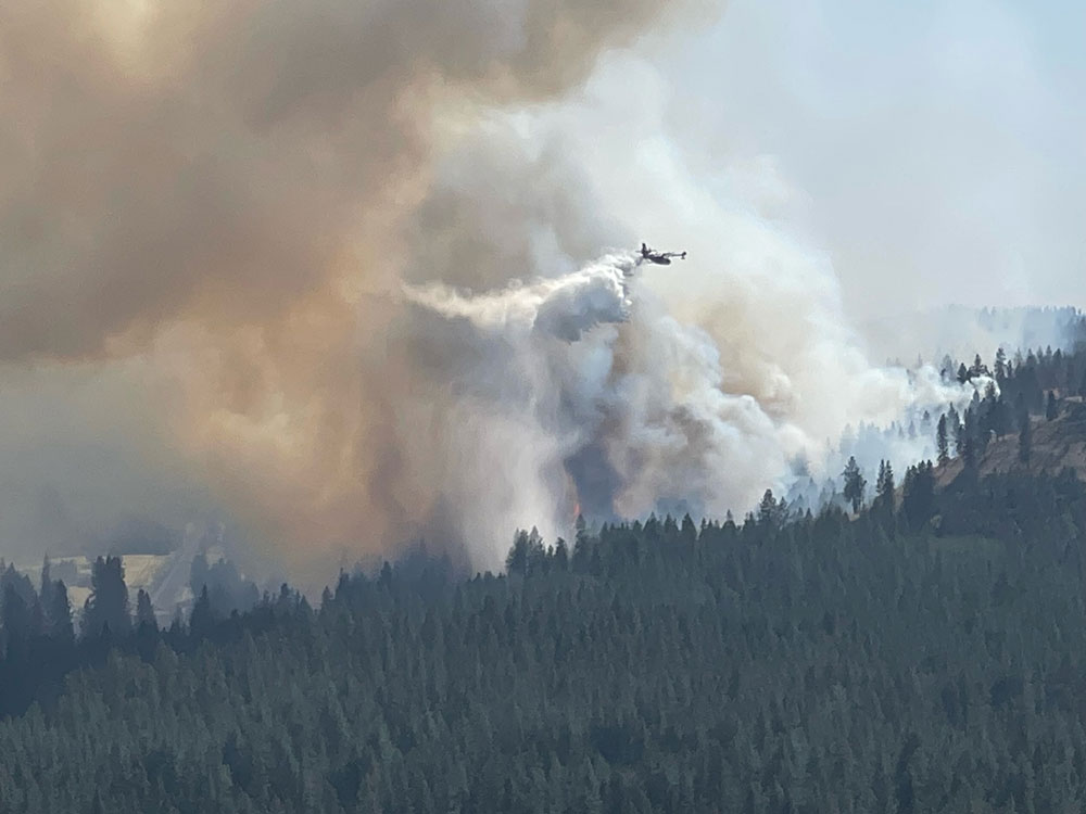 Plane dropping water onto large forest fire with lots of smoke filling the air.
