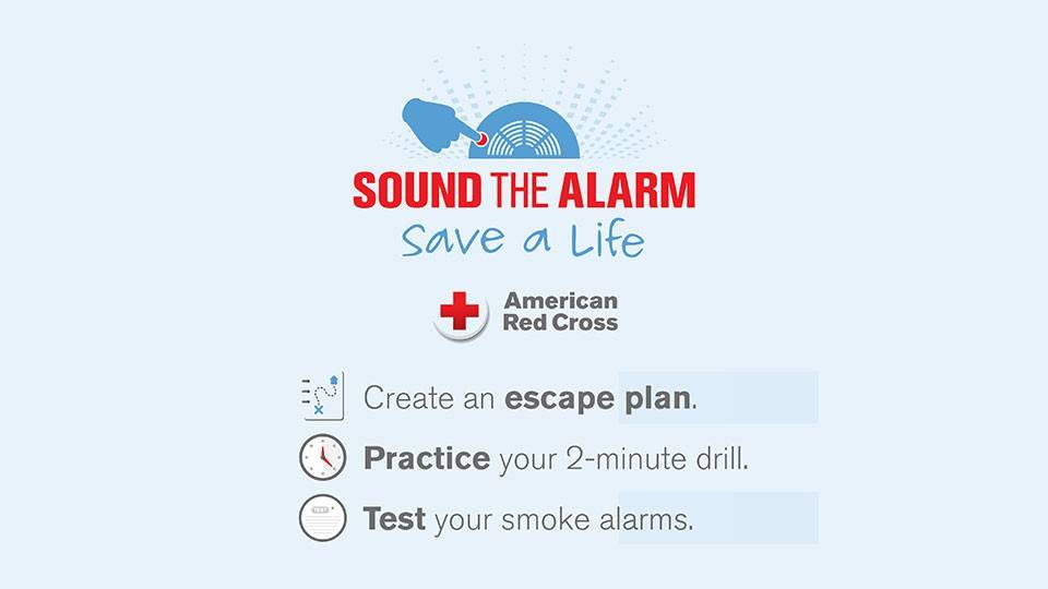 Sound the Alarm and Red Cross logos on blue background.