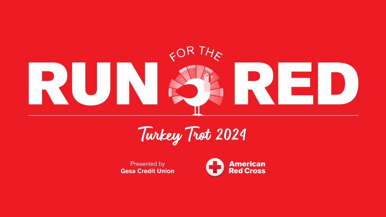 American Red Cross Run for the red Turkey Trot 2024 banner with drawing of a turkey