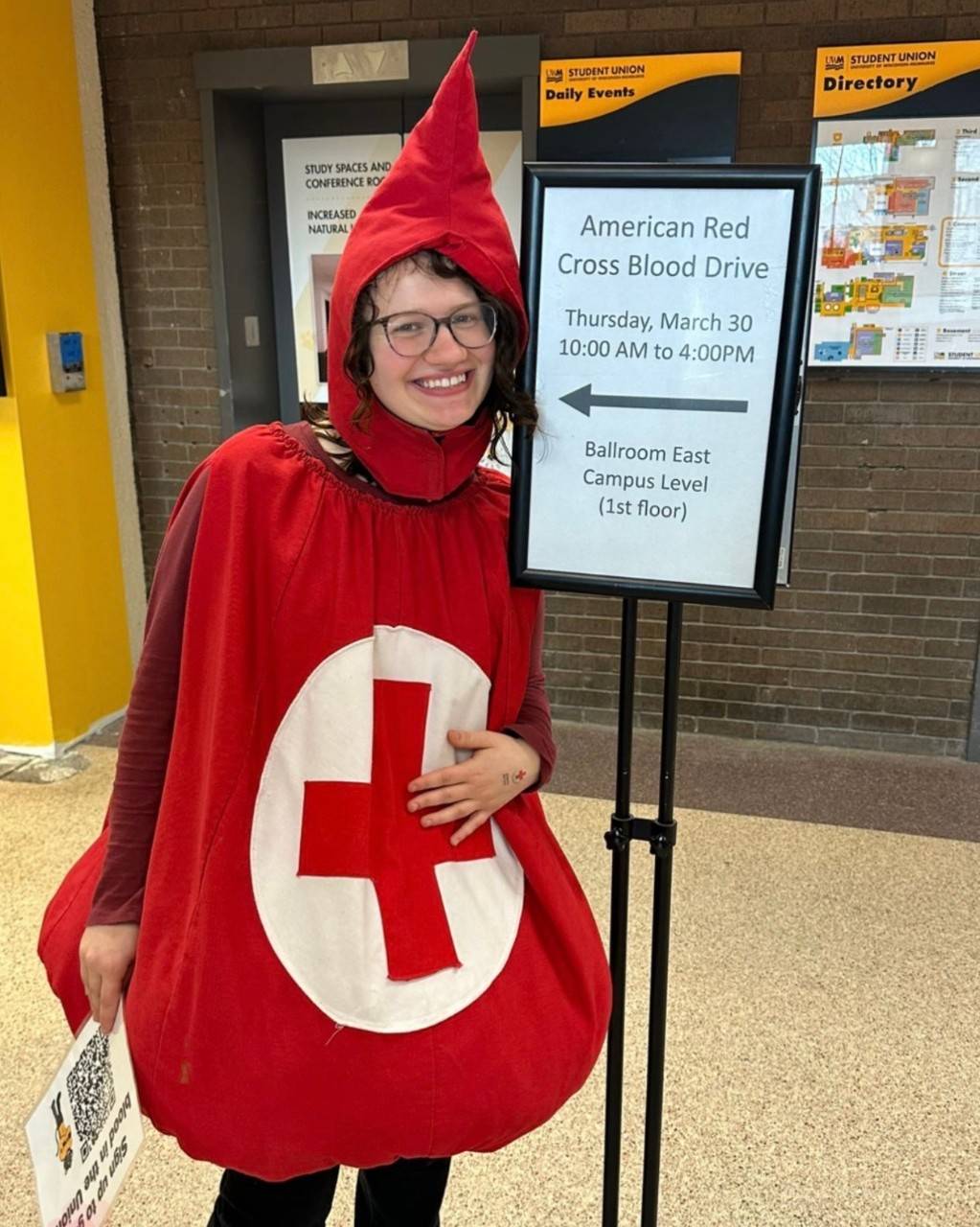 hailey beaty in red cross blood mascot uniform