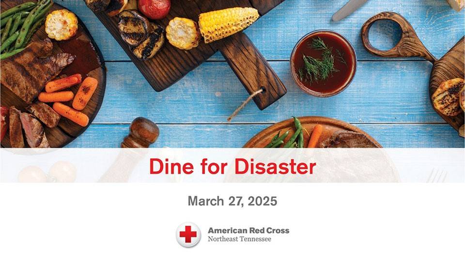 dine for disaster banner with date, American Red Cross logo and food on cutting boards.