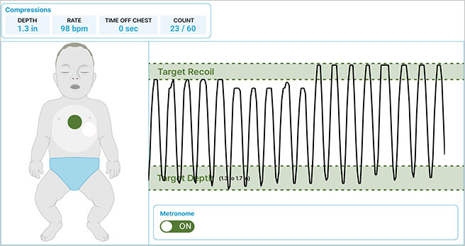 Depth, rate and count of chest compressions infographic on an Infant CPR Manikin.