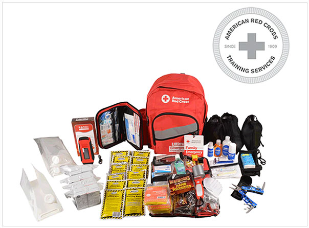 4-Person, 3-Day Emergency Preparedness Kit including Red Cross Backpack, Flashlight, Hand Crank Radio, Multi Tool, Emergency Food and Water, Bandages, and more.