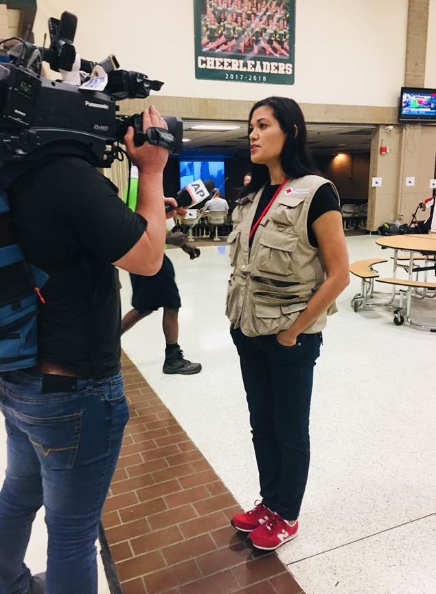 September 13, 2018. Conway, South Carolina. Red Cross spokesperson Cynthia De La Torre interviewed with the Associated Press in a Red Cross shelter in Conway, South Carolina to talk about the Red Cross response during Hurricane Florence. Photo by Rebecca Torriani/American Red Cross