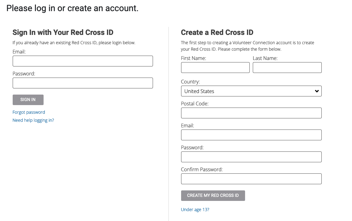 A screenshot of the Volunteer Connection registration screen, showing options for existing accounts on the left and new accounts on the right.