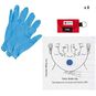 CPR Keychain, Face Shield with 1-Way Valve and Instructions for Use, and 1 Pair Latex Free Nitrile Gloves.