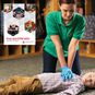 An adult performing CPR on a child and an image of the cover of the Red Cross First Aid/CPR/AED Participant's Manual.